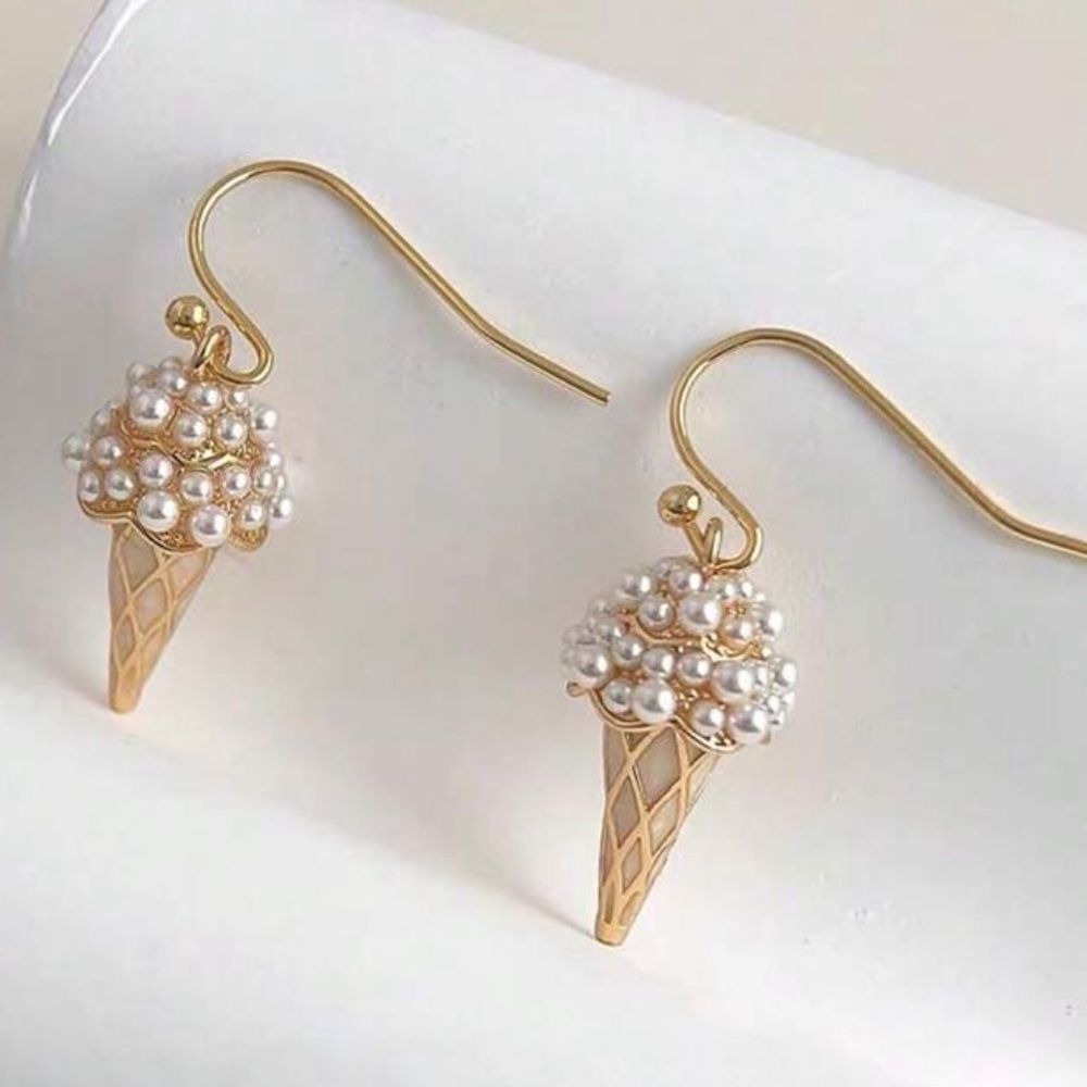Elegant Gold Pearl‎ Ice Cream Cone Earrings - Picture 2 of 10